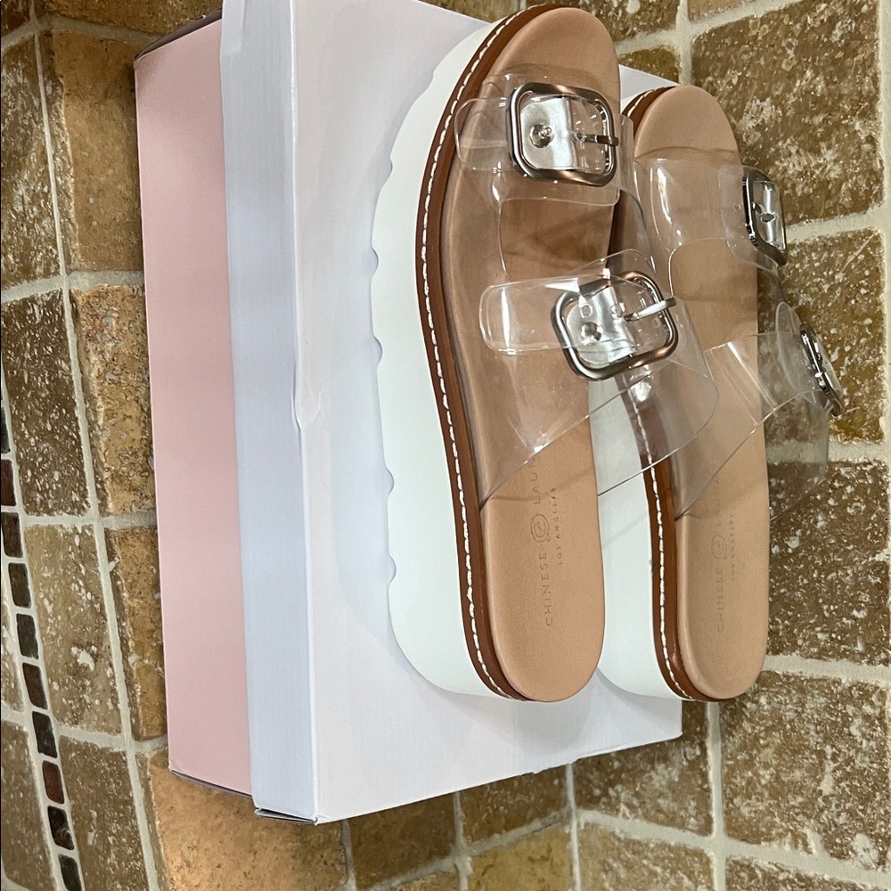 Chinese Laundry Clear Strap Sandals with Silver Buckles and platform